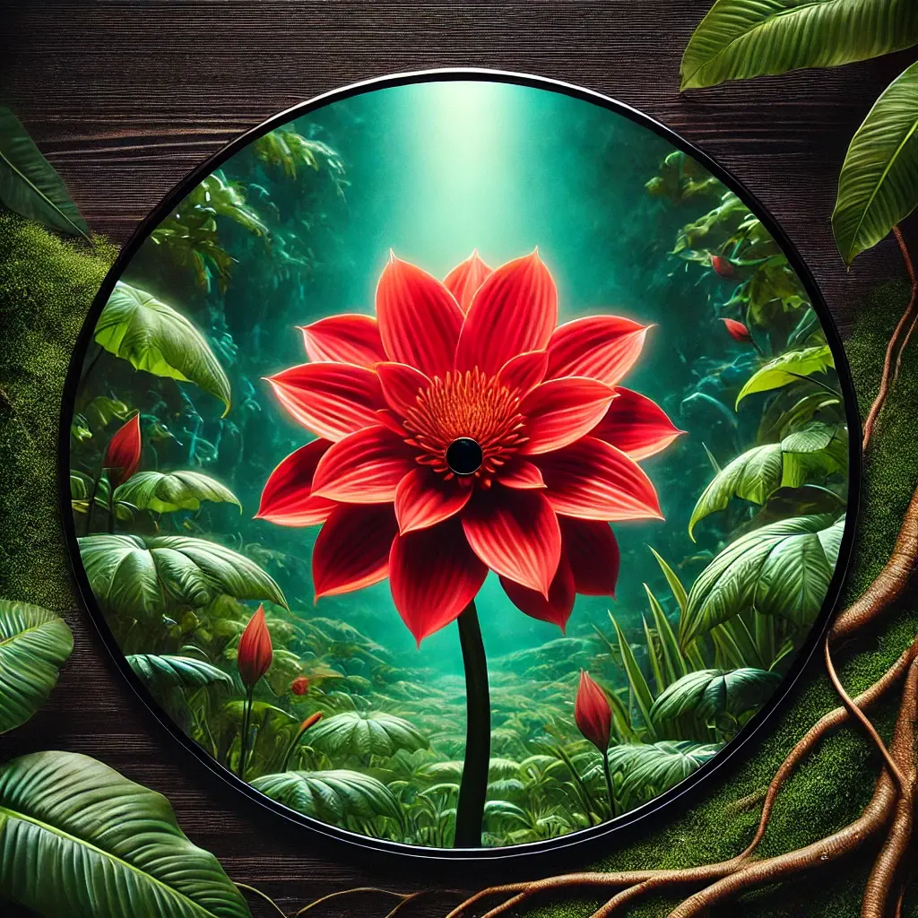 A close-up of a vivid red flower in full bloom, surrounded by a lush green background, emphasizing natural elegance and growth.