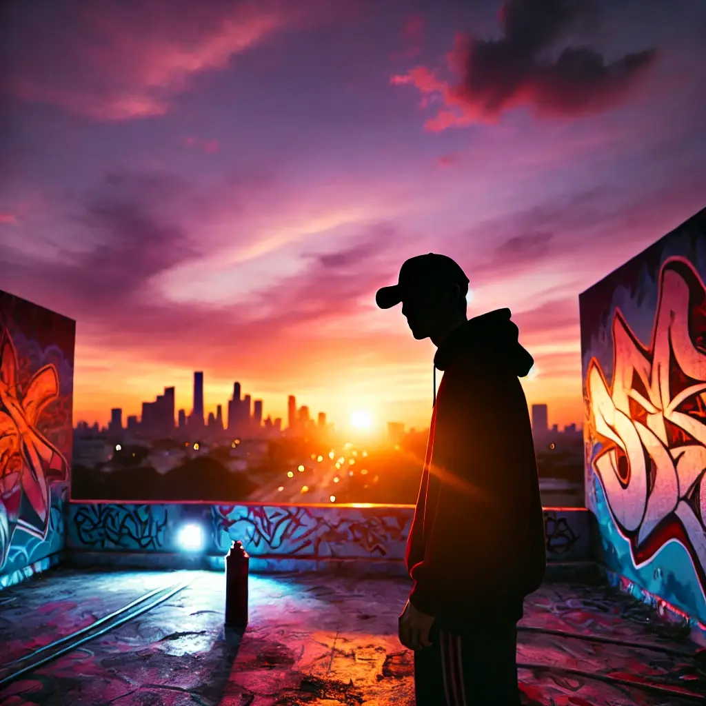 Photography of a vibrant urban rooftop scene at sunset, featuring a silhouetted figure against a glowing skyline, graffiti art on the walls, and warm orange and purple hues in the sky.