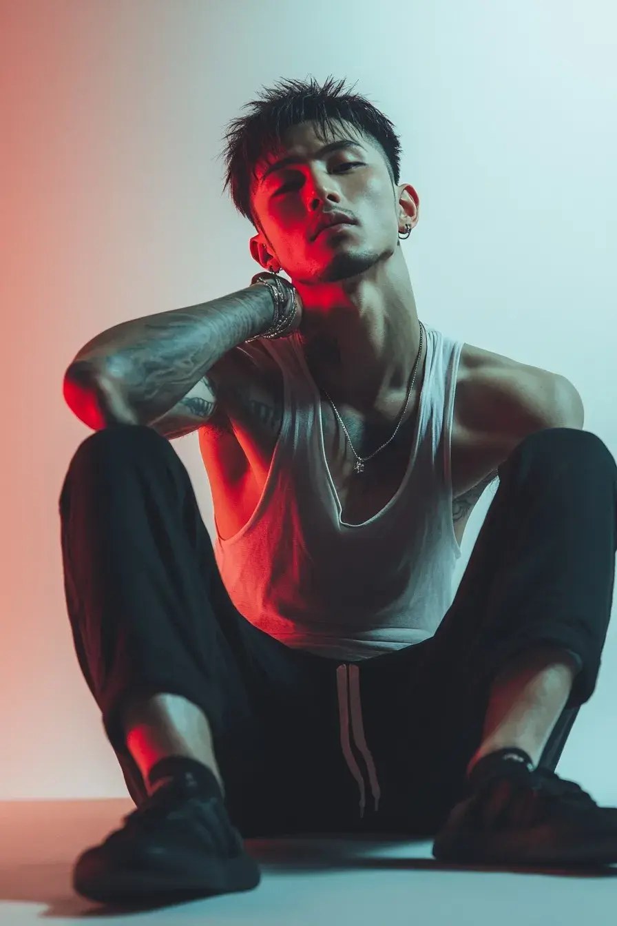 Zenji sitting on the floor bathed in neon lights